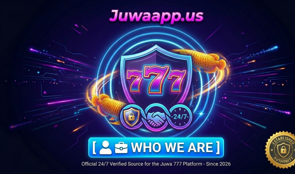 About Us banner for Juwaapp.us showing a neon 777 shield icon, handshake partnership symbol, 24/7 clock, and golden Arowana fish with an 'Established Authority' gold seal.