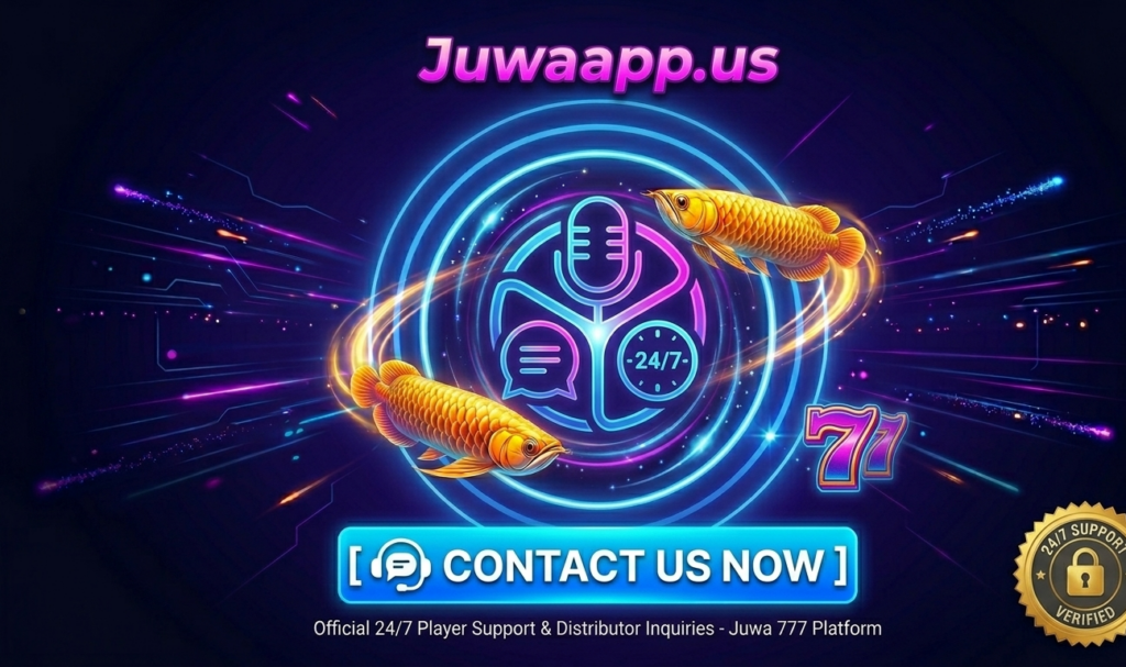 Official Juwaapp.us contact us banner featuring a neon support headset icon, golden fish arcade characters, a verified 24/7 support badge, and the magenta Juwaapp URL