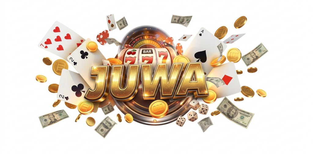 Vibrant Juwa 777 logo featuring a slot machine, playing cards, golden coins, and flying dollar bills on a white background.