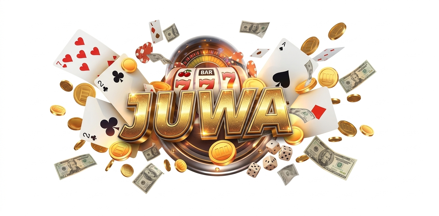 Vibrant Juwa 777 logo featuring a slot machine, playing cards, golden coins, and flying dollar bills on a white background.