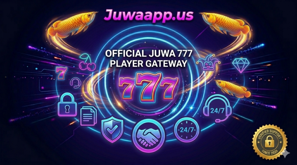 Official Juwaapp.us footer graphic with neon 777 logo, security lock, handshake partnership icon, and 24/7 support headset symbols surrounded by golden arowana fish.