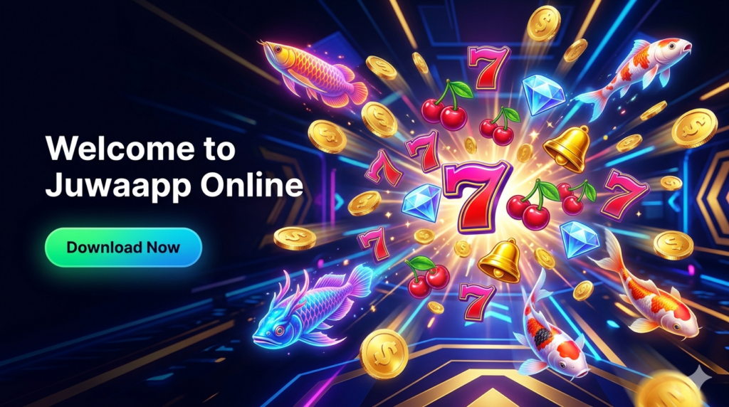 Official Juwaapp.us homepage banner featuring glowing neon casino icons, lucky 777 symbols, and golden Arowana fish in a futuristic digital arcade interface.