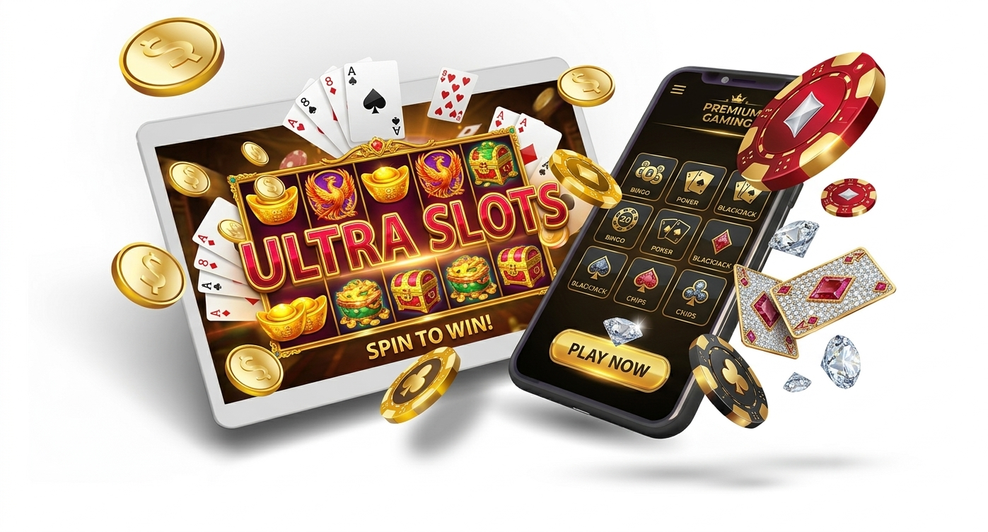 A smartphone and tablet displaying the Juwa App interface with "Ultra Slots," poker cards, golden coins, and premium casino chips floating against a white background.