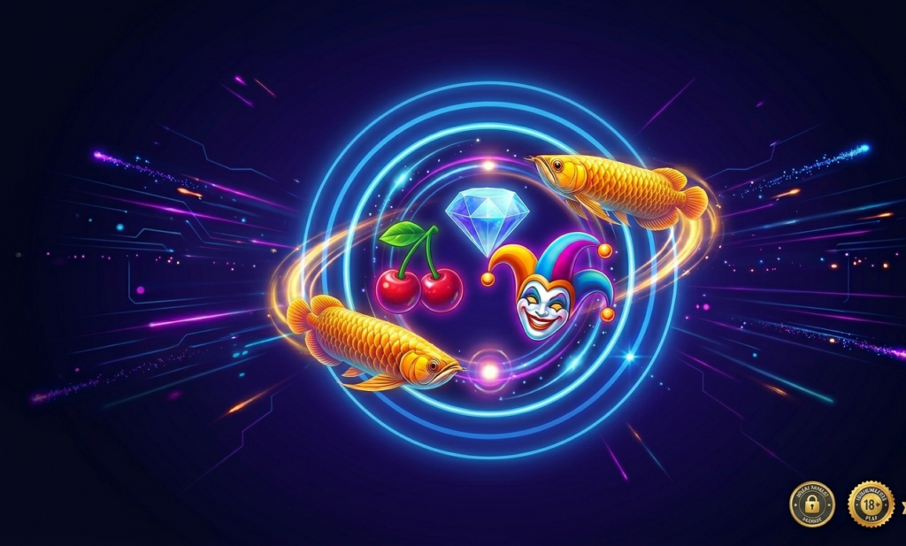 Neon gaming graphics for Juwaapp.us featuring a glowing diamond, red cherries, a joker icon, and two golden Arowana fish.